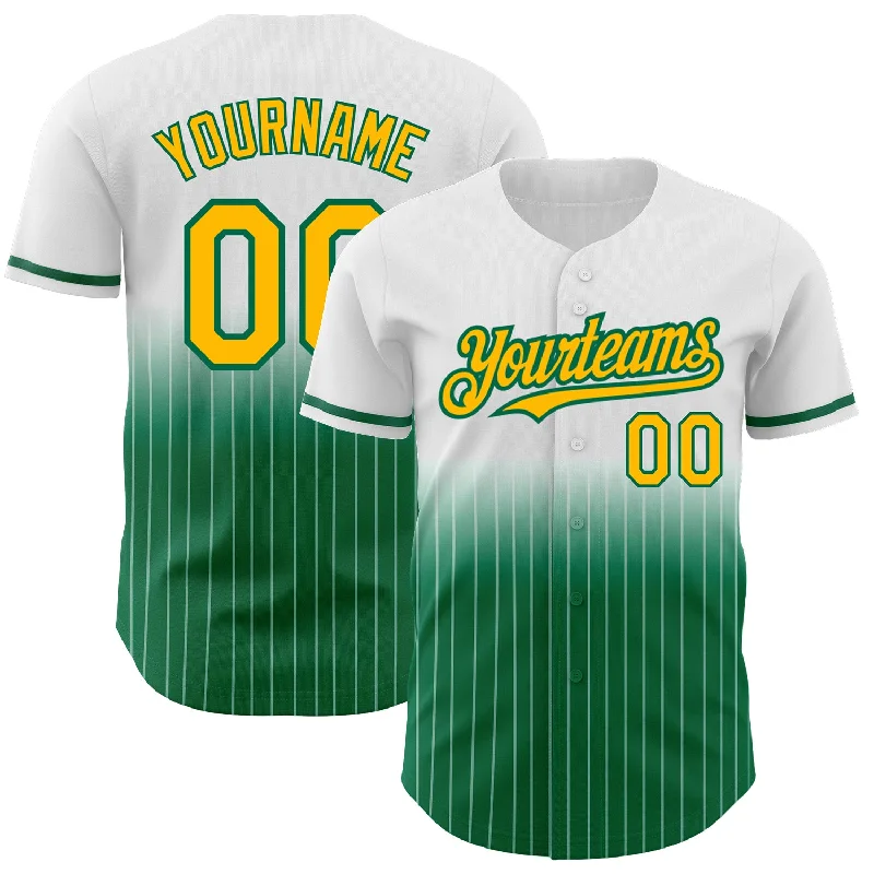 Major League Baseball Jersey-Custom White Pinstripe Gold-Kelly Green Authentic Fade Fashion Baseball Jersey