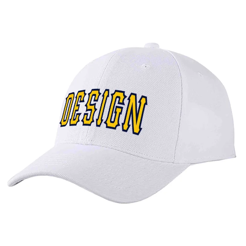 Motorcycle Baseball Cap-Custom White Yellow-Navy Curved Eaves Sport Design Baseball Cap