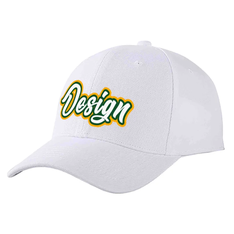 Adjustable Baseball Cap-Custom White White-Kelly Green Curved Eaves Sport Design Baseball Cap