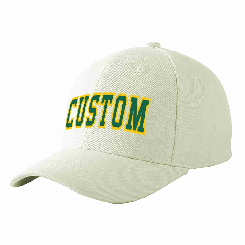 Soccer Baseball Cap-Custom Cream Kelly Green-Gold Curved Eaves Sport Baseball Cap Design for Men/Women/Youth