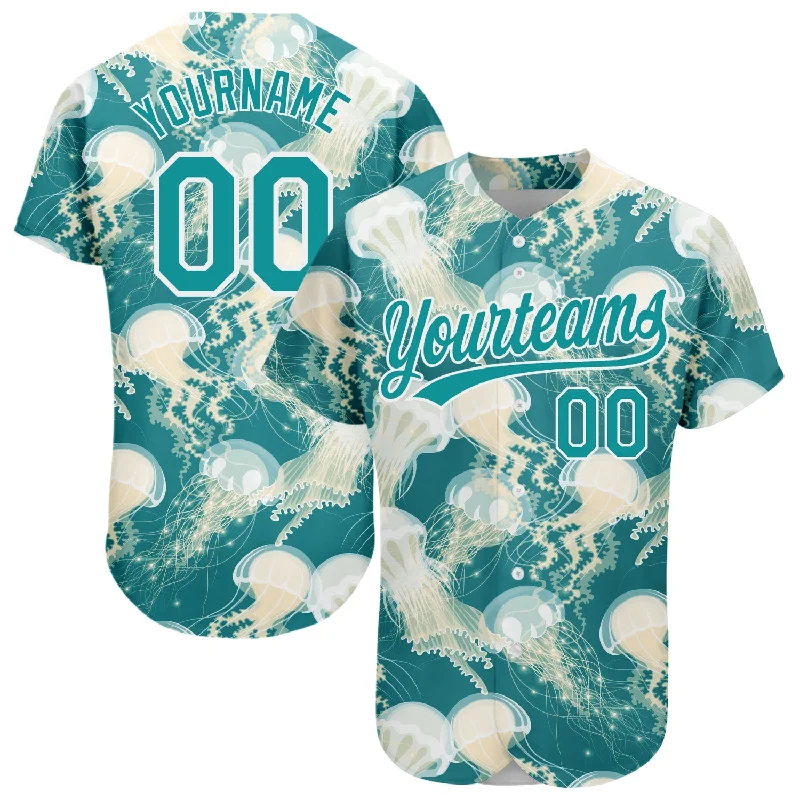 Black Baseball Jersey-Custom Teal White 3D Pattern Design Jellyfish Authentic Baseball Jersey