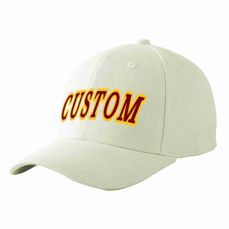 Wool Baseball Cap-Custom Cream Crimson-Gold Curved Eaves Sport Baseball Cap Design for Men/Women/Youth