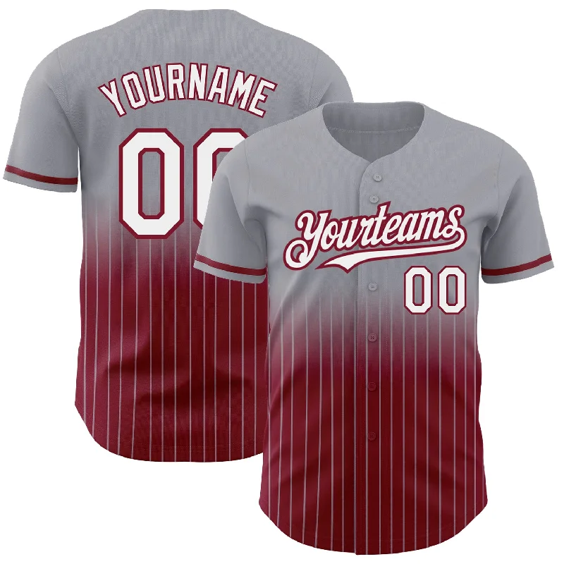 Relaxed Fit Baseball Jersey-Custom Gray Pinstripe White-Crimson Authentic Fade Fashion Baseball Jersey