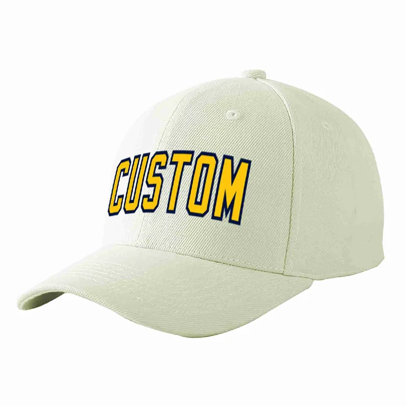 Strapback Baseball Cap-Custom Cream Gold-Navy Curved Eaves Sport Baseball Cap Design for Men/Women/Youth