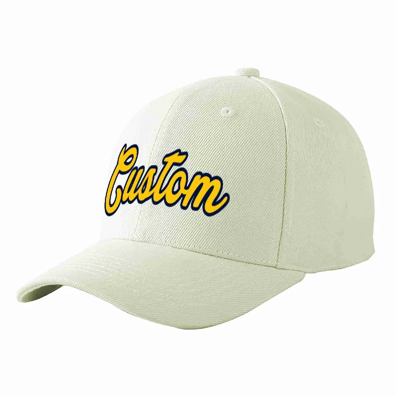 Spring Baseball Cap-Custom Cream Gold-Navy Curved Eaves Sport Baseball Cap Design for Men/Women/Youth