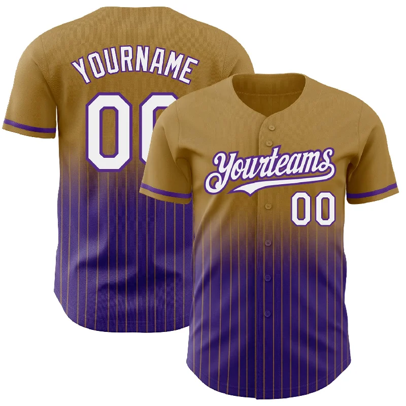 Baseball Training Camp Jersey-Custom Old Gold Pinstripe White-Purple Authentic Fade Fashion Baseball Jersey