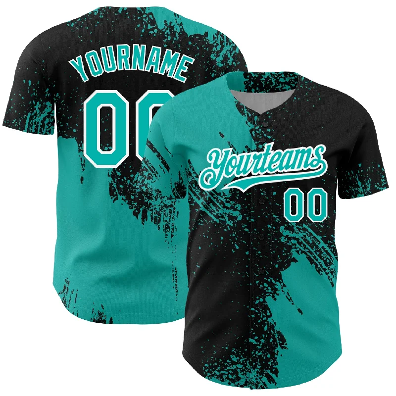 Modern Baseball Jersey-Custom Black Aqua-White 3D Pattern Design Abstract Brush Stroke Authentic Baseball Jersey