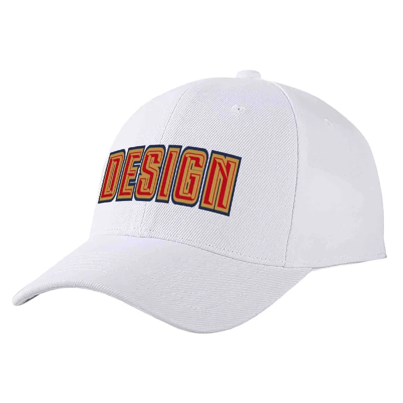 Designer Baseball Cap-Custom White Red-Old Gold Curved Eaves Sport Design Baseball Cap