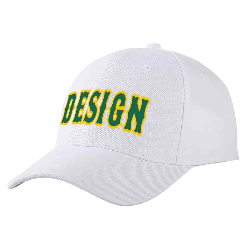 Curved Brim Baseball Cap-Custom White Kelly Green-Yellow Curved Eaves Sport Design Baseball Cap