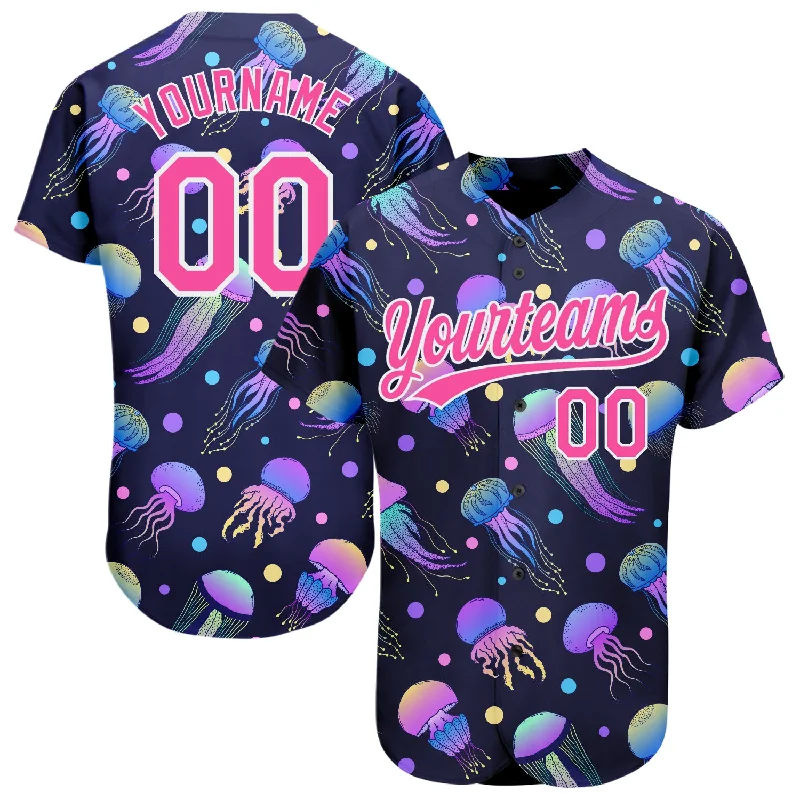 Yellow Baseball Jersey-Custom Navy Pink-White 3D Pattern Design Colorful Cartoon Jellyfish Authentic Baseball Jersey