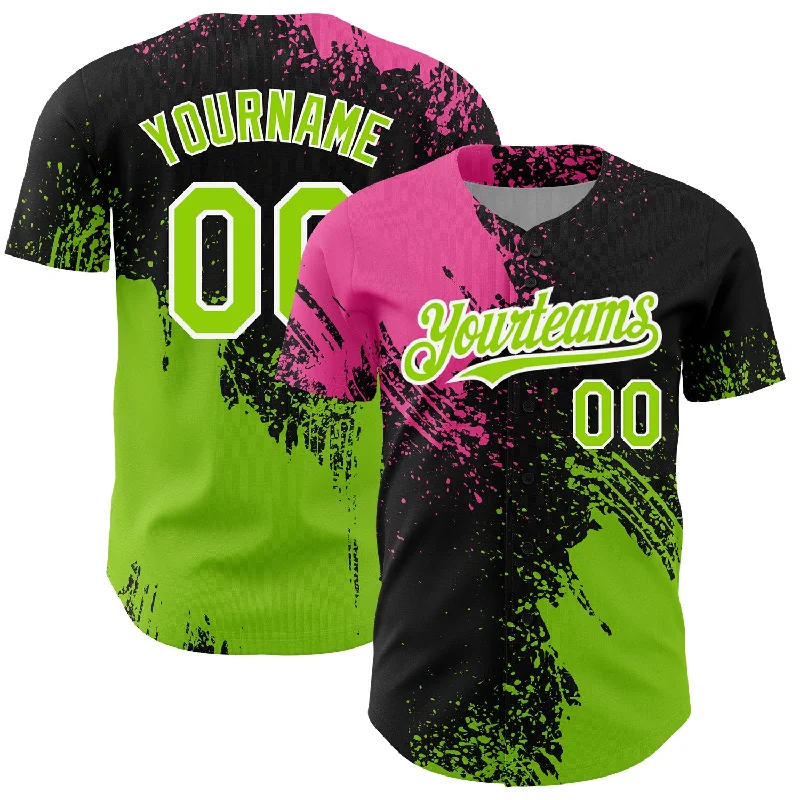 Lightweight Baseball Jersey-Custom Black Neon Green-Pink 3D Pattern Design Abstract Brush Stroke Authentic Baseball Jersey