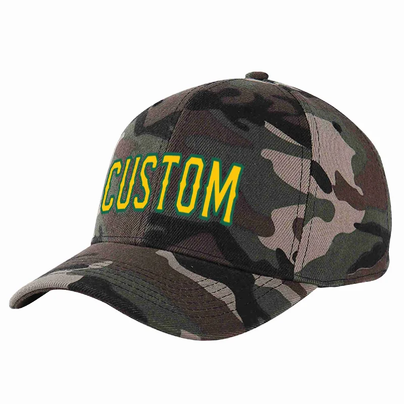 Resort Baseball Cap-Custom Camo Gold-Kelly Green Curved Eaves Sport Baseball Cap Design for Men/Women/Youth