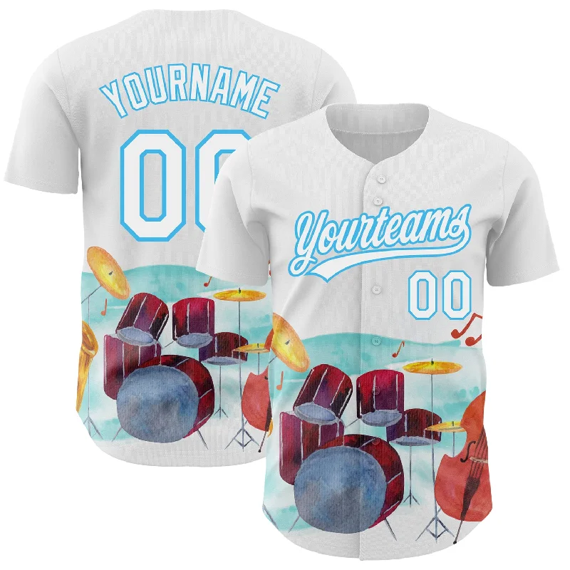 Official Baseball Jersey-Custom White Sky Blue 3D Pattern Design International Jazz Day Authentic Baseball Jersey