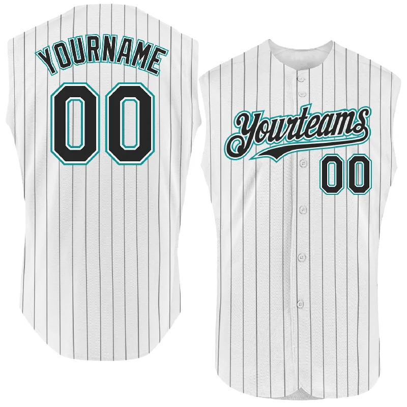 Performance Baseball Jersey-Custom White Black Pinstripe Teal Authentic Sleeveless Baseball Jersey