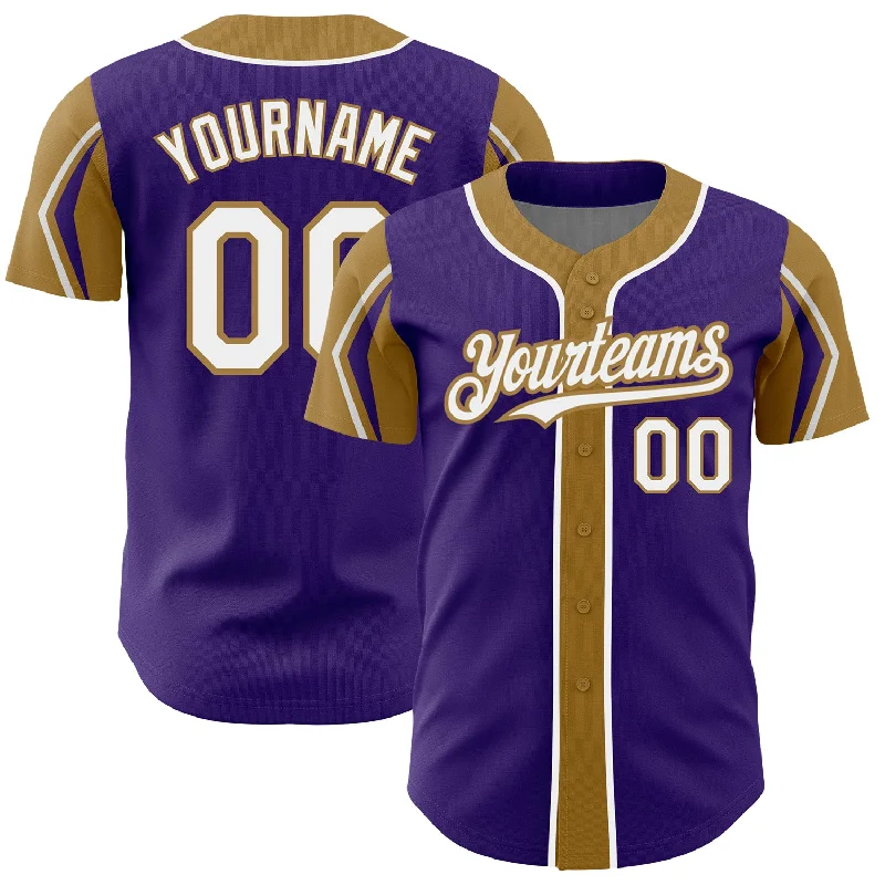 Baseball Sisterhood Jersey-Custom Purple White-Old Gold 3 Colors Arm Shapes Authentic Baseball Jersey