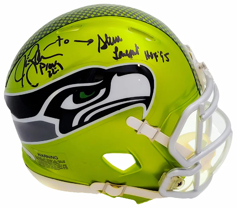 Men's Rugby Helmet-Steve Largent & Jim Zorn Autographed Seattle Seahawks Flash Green Speed Mini Helmet MCS Holo Stock #211062