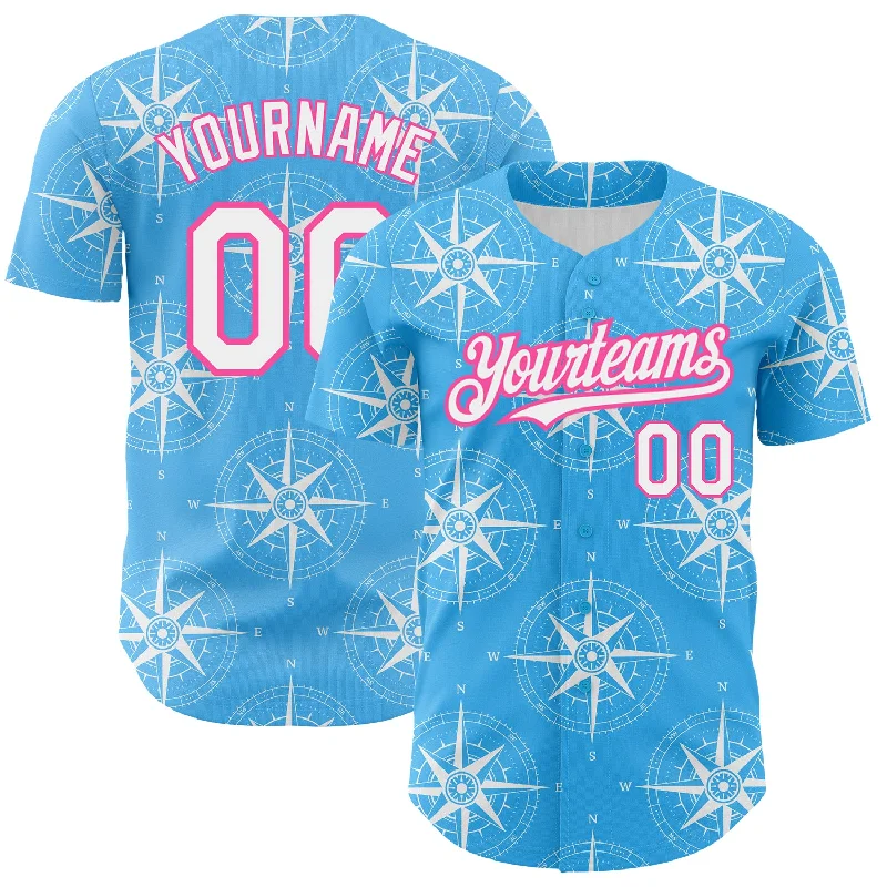 Baseball MVP Jersey-Custom Sky Blue White-Pink 3D Pattern Design Navigation Compass Authentic Baseball Jersey