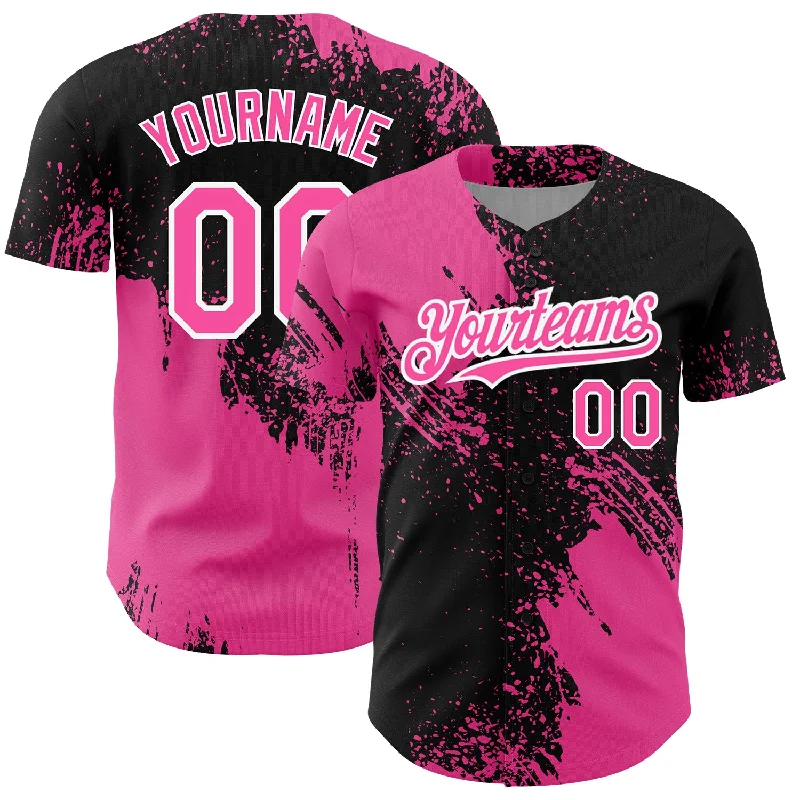 Athletic Fit Baseball Jersey-Custom Black Pink-White 3D Pattern Design Abstract Brush Stroke Authentic Baseball Jersey