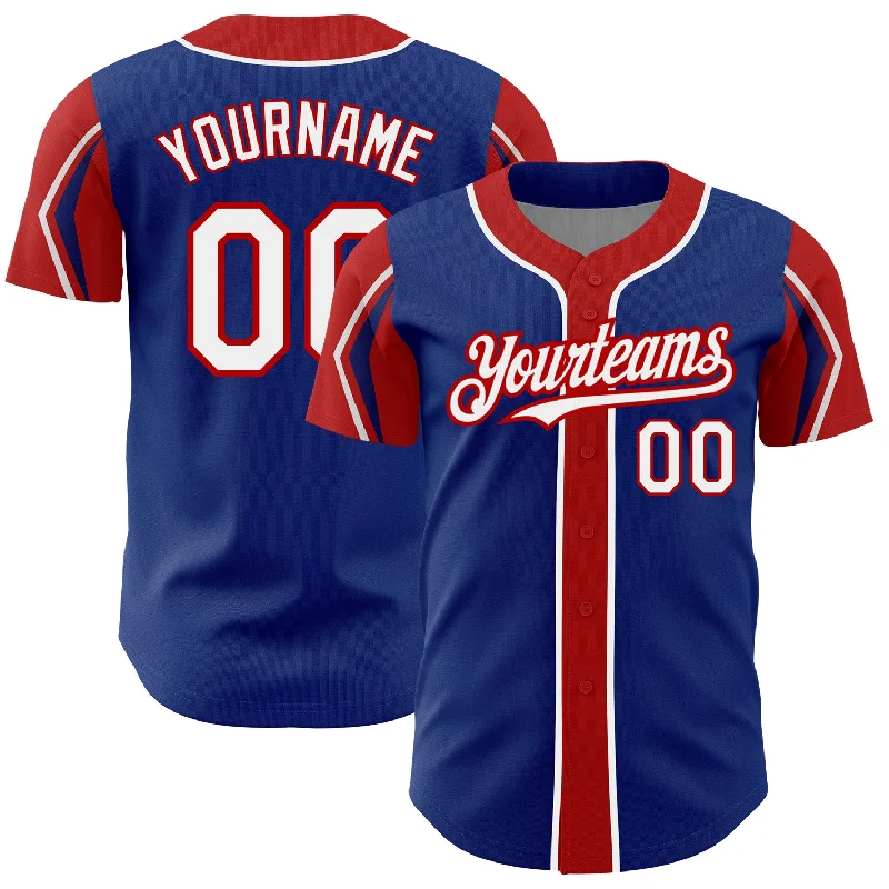 Stretchable Baseball Jersey-Custom Royal White-Red 3 Colors Arm Shapes Authentic Baseball Jersey