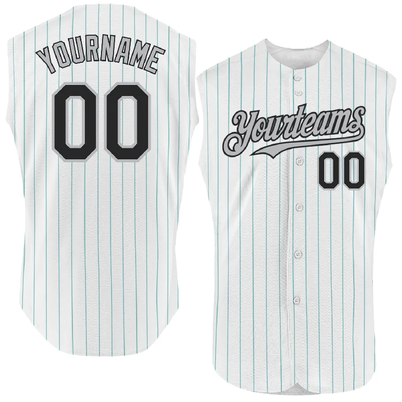 Muscle Fit Baseball Jersey-Custom White Teal Pinstripe Black Authentic Sleeveless Baseball Jersey