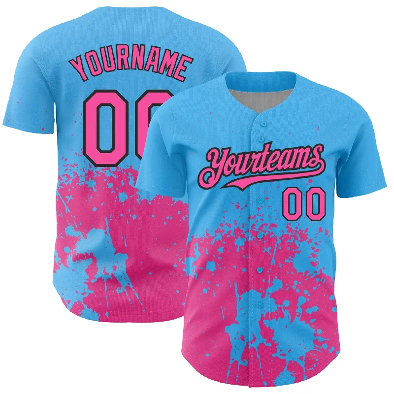 Pro Baseball Jersey-Custom Sky Blue Pink-Black 3D Pattern Design Abstract Splash Grunge Art Authentic Baseball Jersey