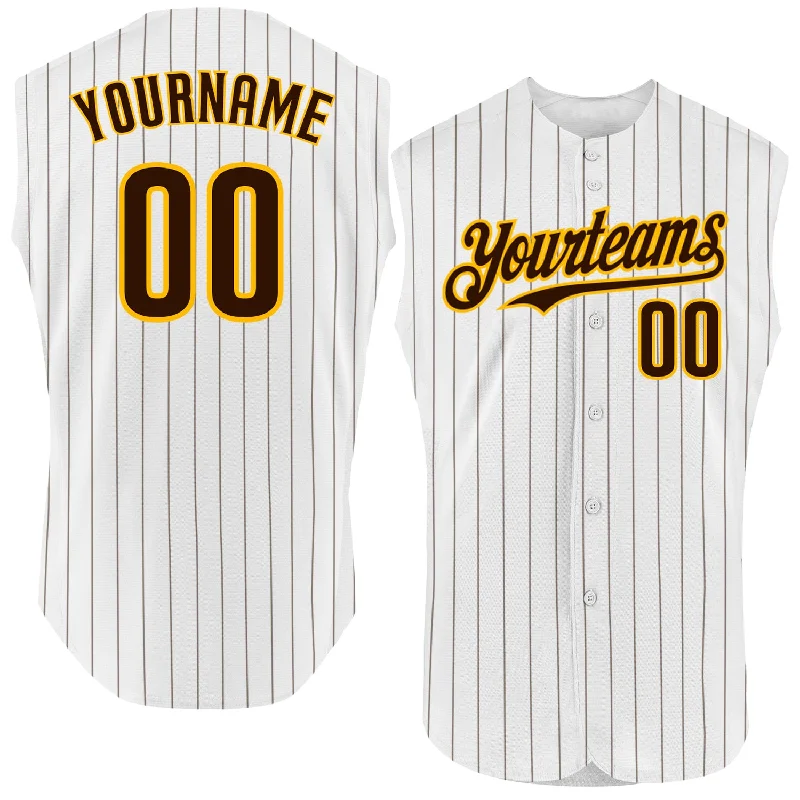 Veteran Baseball Jersey-Custom White Brown Pinstripe Orange Authentic Sleeveless Baseball Jersey