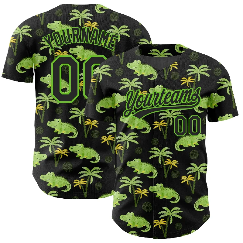 Dark Color Baseball Jersey-Custom Black Aurora Green 3D Pattern Design Crocodile And Tropical Hawaii Palm Trees Authentic Baseball Jersey