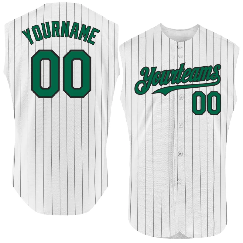 Fashion Baseball Jersey-Custom White Black Pinstripe Kelly Green Authentic Sleeveless Baseball Jersey