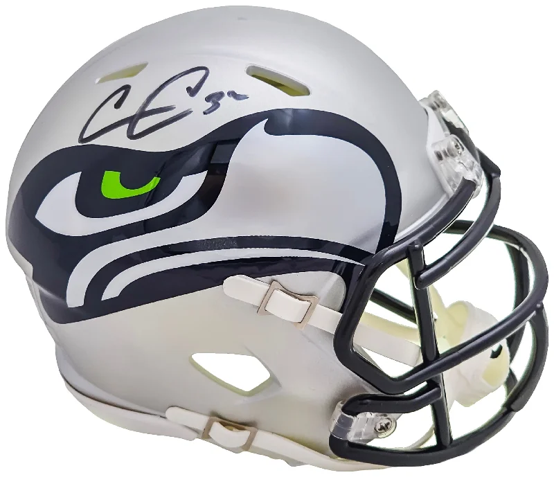 Pro Rugby Player Helmet-Chris Carson Autographed Seattle Seahawks AMP Gray Speed Mini Helmet Fanatics Holo Stock #216810