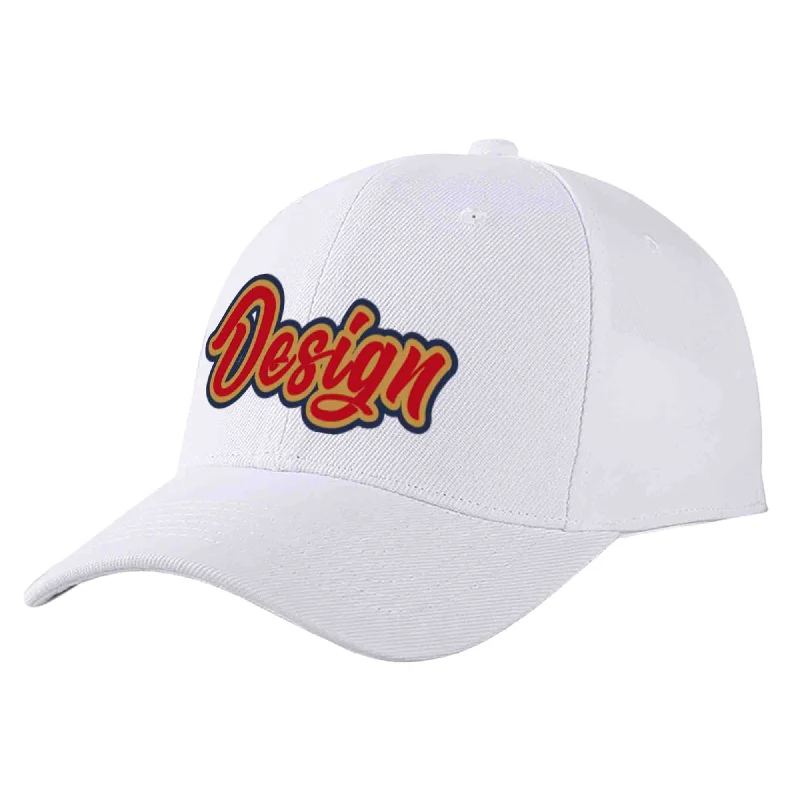 Denim Baseball Cap-Custom White Red-Old Gold Curved Eaves Sport Design Baseball Cap