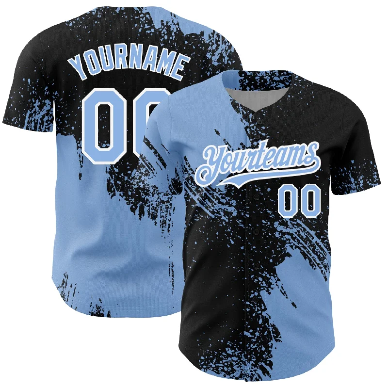 Breathable Baseball Jersey-Custom Black Light Blue-White 3D Pattern Design Abstract Brush Stroke Authentic Baseball Jersey