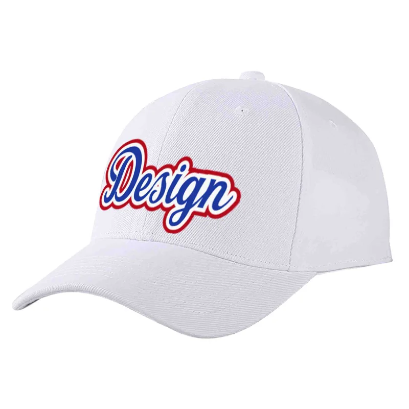 Youth Baseball Cap-Custom White Royal-White Curved Eaves Sport Design Baseball Cap