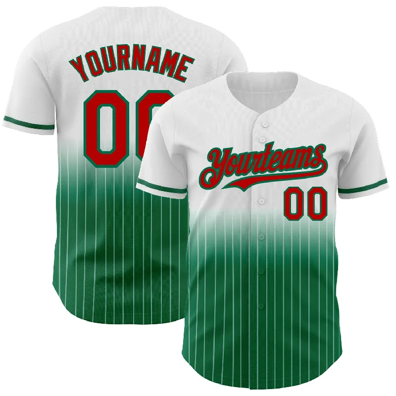 Pro Baseball Jersey-Custom White Pinstripe Red-Kelly Green Authentic Fade Fashion Baseball Jersey