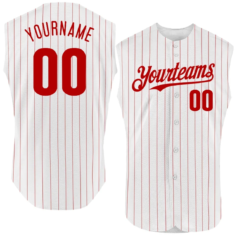 Button-Up Baseball Jersey-Custom White Red Pinstripe Royal Authentic Sleeveless Baseball Jersey