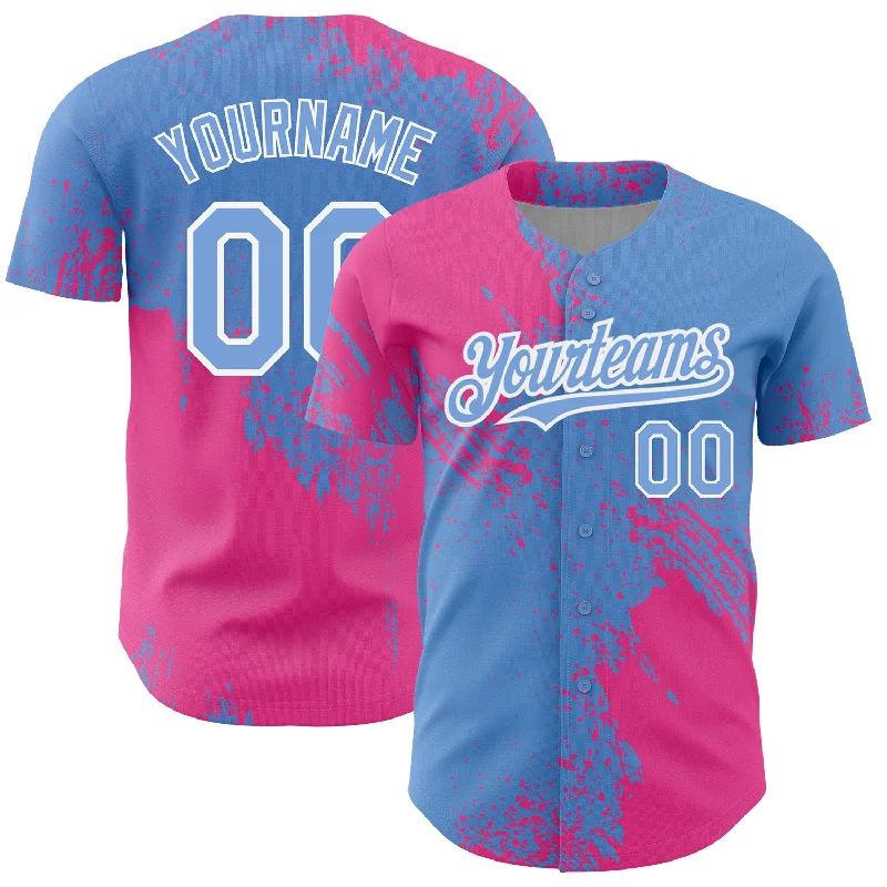 Blank Baseball Jersey-Custom Light Blue Pink-White 3D Pattern Design Abstract Brush Stroke Authentic Baseball Jersey