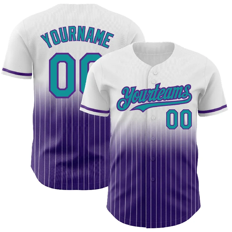 Away Game Baseball Jersey-Custom White Pinstripe Teal-Purple Authentic Fade Fashion Baseball Jersey