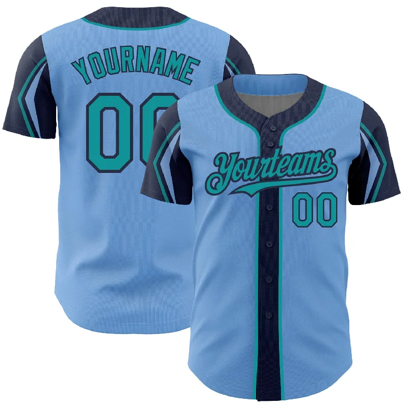 Baseball Manager Jersey-Custom Light Blue Teal-Navy 3 Colors Arm Shapes Authentic Baseball Jersey