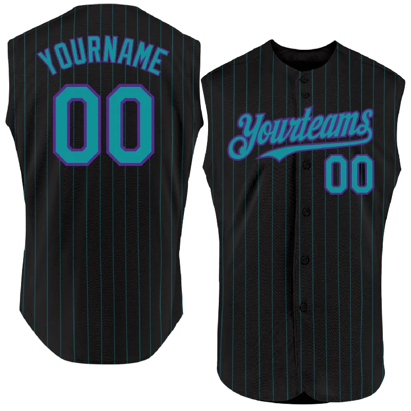 Baseball Memorabilia Jersey-Custom Black Teal Pinstripe Purple Authentic Sleeveless Baseball Jersey