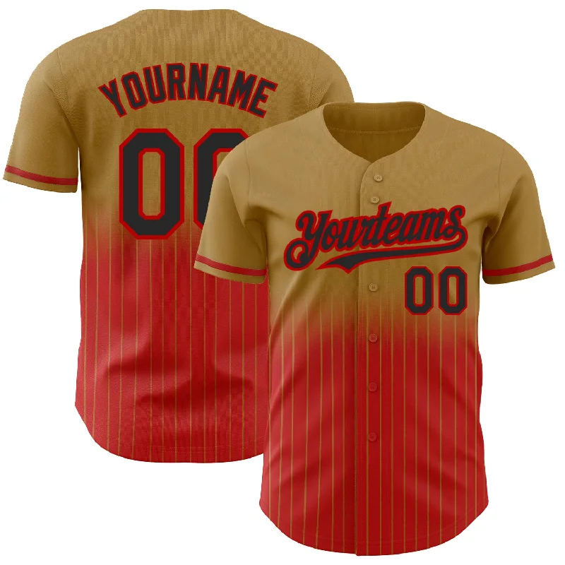 Custom Name Baseball Jersey-Custom Old Gold Pinstripe Black-Red Authentic Fade Fashion Baseball Jersey