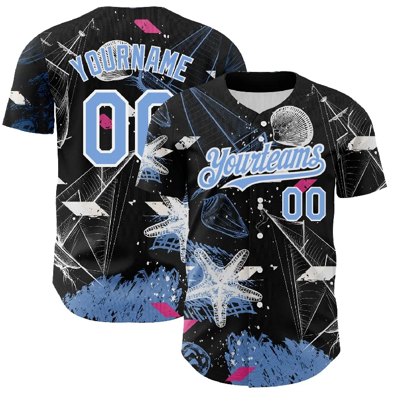 Throwback Baseball Jersey-Custom Black Light Blue-White 3D Pattern Design Sailing Boats Authentic Baseball Jersey