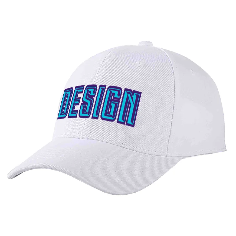 Embroidered Baseball Cap-Custom White Light Blue-Purple Curved Eaves Sport Design Baseball Cap