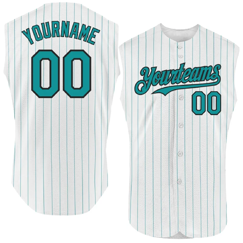 Relaxed Fit Baseball Jersey-Custom White Teal Pinstripe Navy Authentic Sleeveless Baseball Jersey