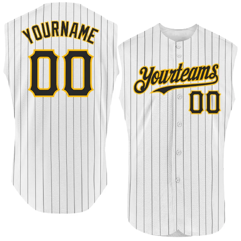 College Baseball Jersey-Custom White Black Pinstripe Gold Authentic Sleeveless Baseball Jersey