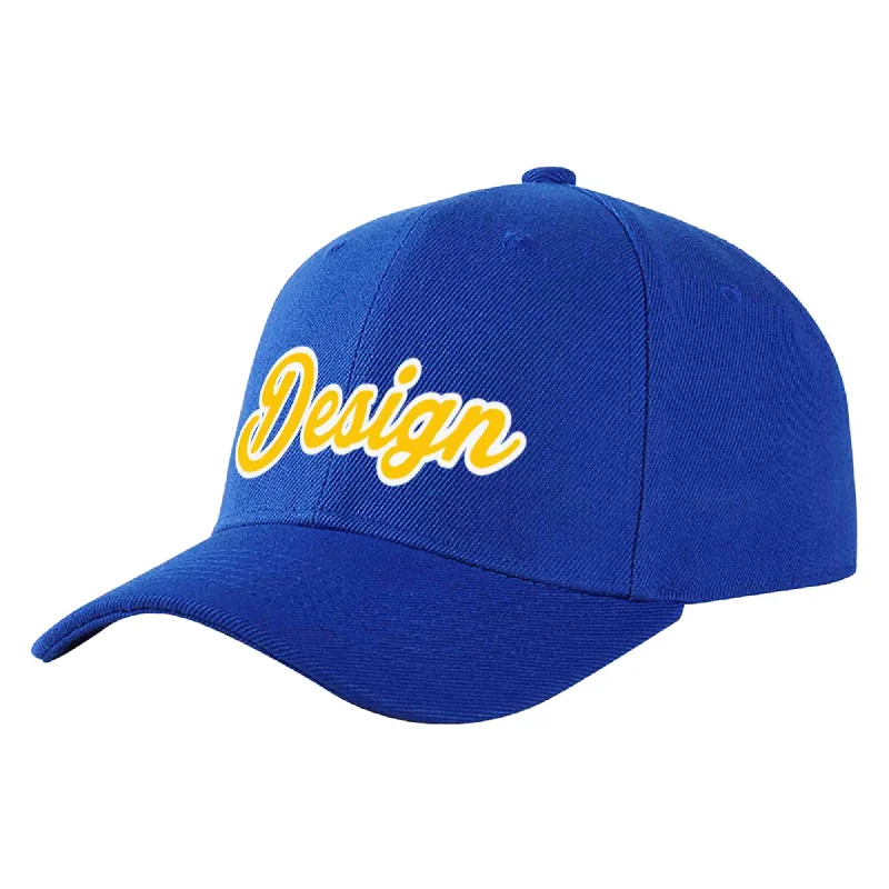 Racing Fan Baseball Cap-Custom Royal Yellow-White Curved Eaves Sport Design Baseball Cap