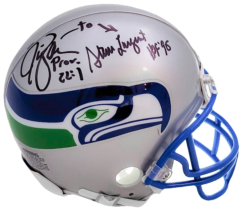 Women's Rugby Helmet-Steve Largent & Jim Zorn Autographed Seattle Seahawks Silver Throwback (1983-2001) Mini Helmet MCS Holo Stock #211061