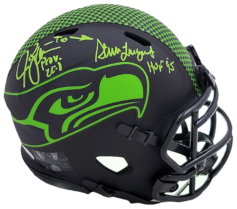 Youth Rugby Helmet-Steve Largent & Jim Zorn Autographed Seattle Seahawks Eclipse Black Speed Mini Helmet MCS Holo Stock #211064