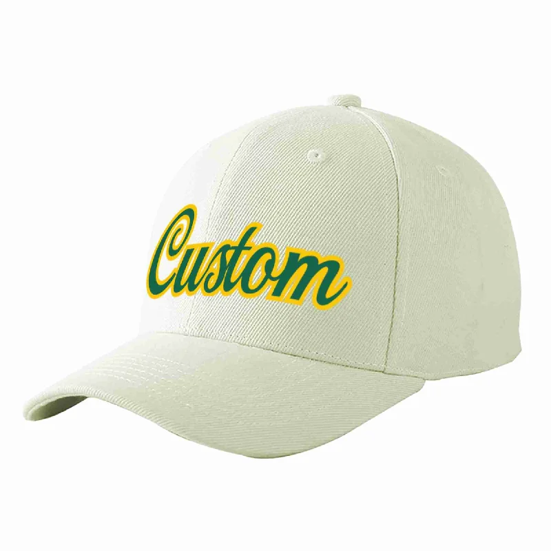 Snapback Baseball Cap-Custom Cream Kelly Green-Gold Curved Eaves Sport Baseball Cap Design for Men/Women/Youth