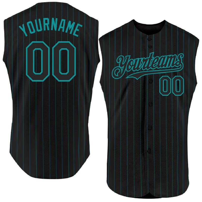 Baseball Gift Jersey-Custom Black Teal Pinstripe Teal Authentic Sleeveless Baseball Jersey