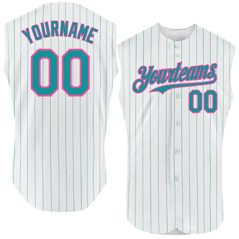 Classic Fit Baseball Jersey-Custom White Teal Pinstripe Purple Authentic Sleeveless Baseball Jersey