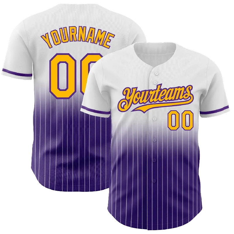 Softball League Baseball Jersey-Custom White Pinstripe Gold-Purple Authentic Fade Fashion Baseball Jersey